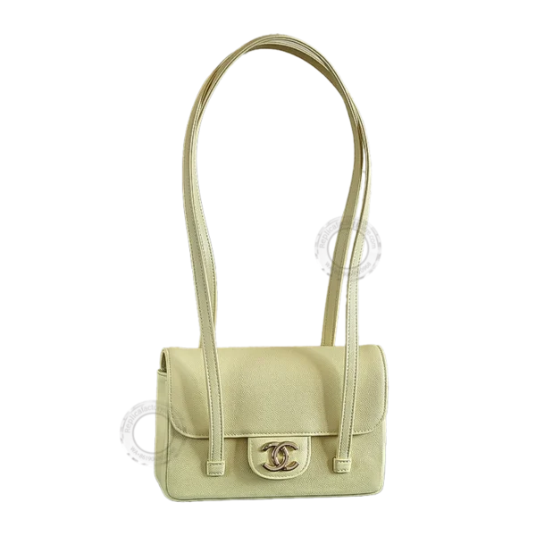 AP 5248 02 26C Jennie’s New Chanel Bag AP5248 Preppy Coco Vintage Pale Yellow Shoulder Bag with double C logo