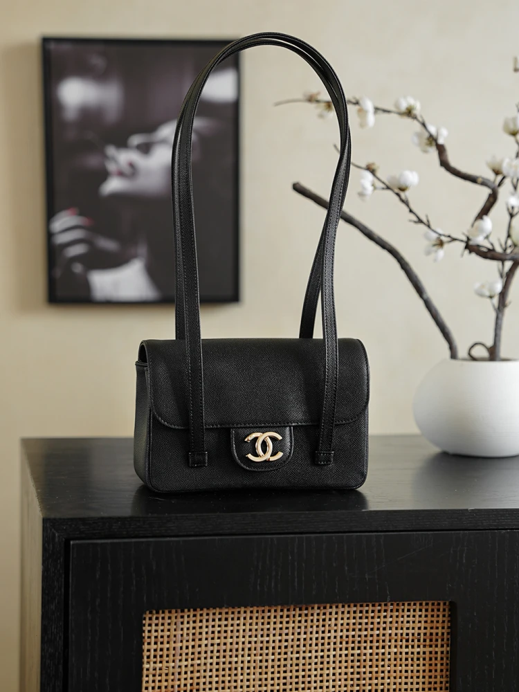 Front view of 26C Jennie’s New Chanel Bag AP5248 Preppy Coco Chanel vintage shoulder bag in Black with double C logo
